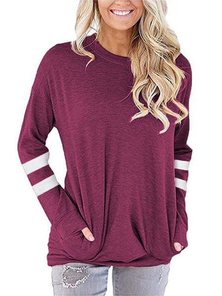 Girocollo Colore-block Maniche Lunghe Casuale Top, Fucsia, T-Shirts