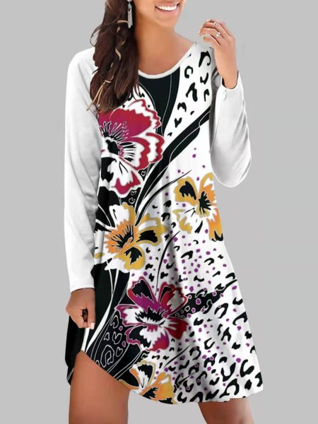 

Vintage Stampata Floreale Maniche Lunghe Girocollo taglia grande Gonna Casuale, Nero-bianco, Mini Dresses