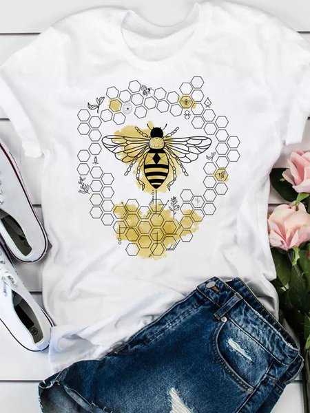 

Funny Bee Women's Shift Cotton-Blend Short Sleeve Crew Neck Shirts & Tops, White, T-shirts