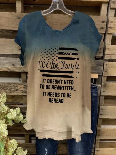 

Short Sleeve Round Neck Plus Size Printed Tops T-Shirts, Blue, T-Shirts