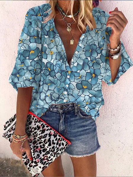 

Blu Stampata Floreale 3/4 Manica Casuale Vacanza Dritto Top, Blouses & Shirts