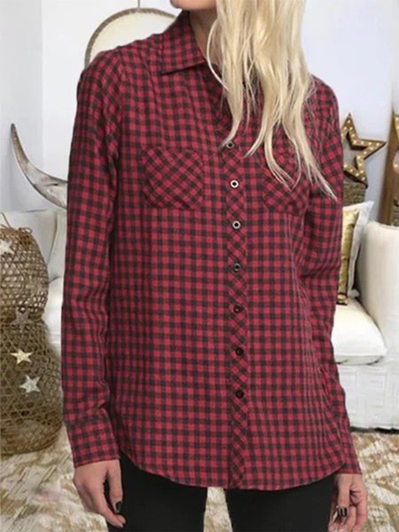 

Vintage Basic Plaid Long Sleeve Pockets Plus Size Casual Shirts Tops, Red, Blouses & Shirts
