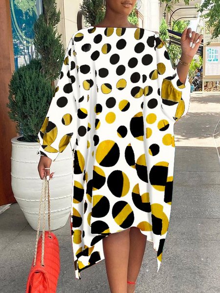

Abito Stampato Maniche Lunghe Girocollo, Bianco, Casual Dresses