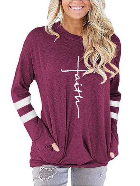 

Crew Neck Casual Long Sleeve Letter T-shirt, Fuchsia, Hoodies & Sweatshirts