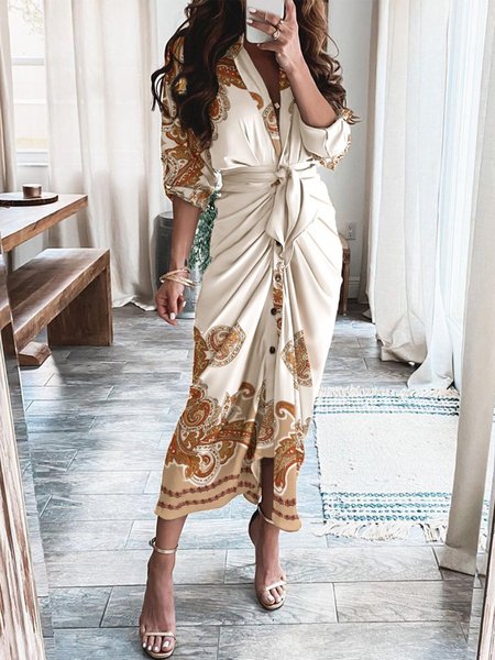

Shawl Collar Long Sleeve Daily Midi Dress, As picture, Midi Dresses
