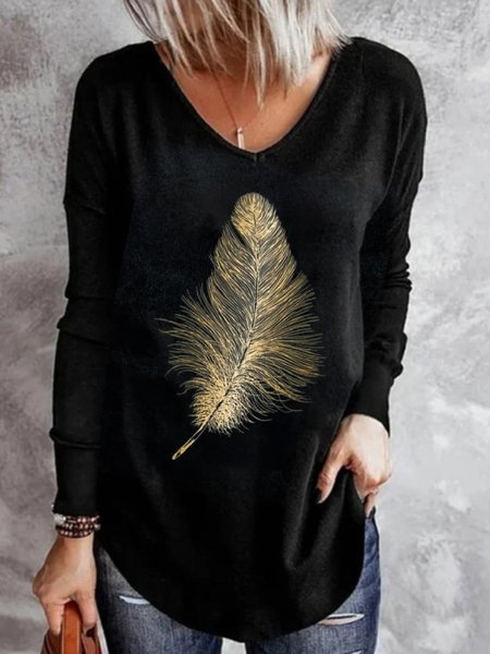 

Casual Printed V neck Long Sleeve Shirts & Tops, Black, T-Shirts
