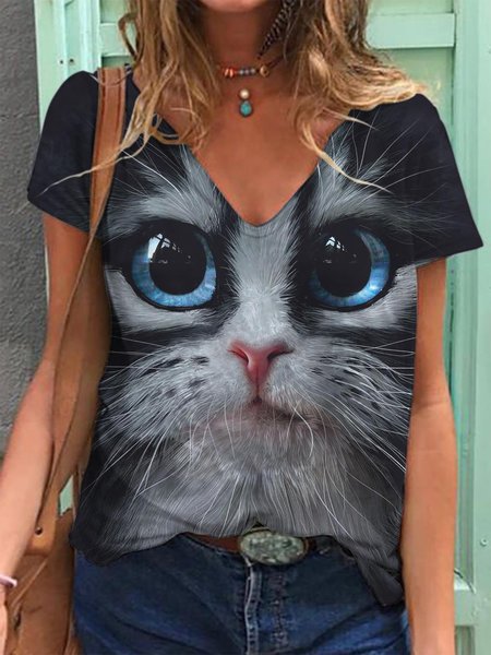 

3D Cat Graphic Short Sleeve Casual Tee, As picture, T-shirts