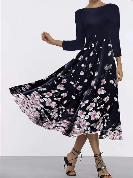 

Stampa - floreale Abito con tre quarti Manica, Navy blu, Casual Dresses