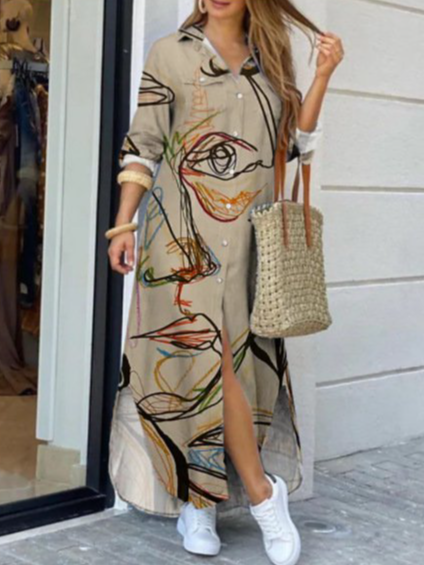 

Long Sleeve Abstract Casual Shirt Collar Dresses, Khaki, Casual Dresses