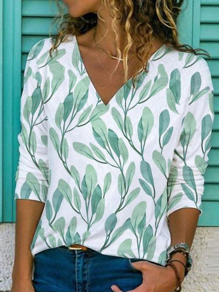 

Verde Le foglie Stampato Casuale Scollo a V Maniche Lunghe Dritto Top, T-Shirts