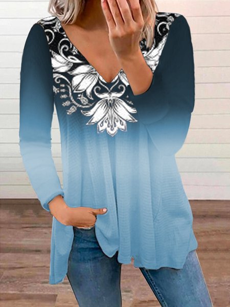 

Floral-Print Long Sleeve Casual Shirts & Tops, Blue, Blouses & Shirts