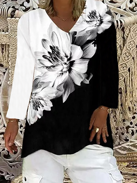 

Maniche Lunghe Casuale Floreale Camicie & Top, Nero-bianco, Blouses & Shirts