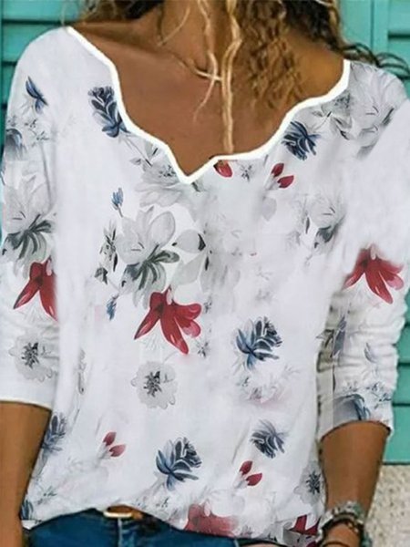 

Long Sleeve Cotton-Blend Printed Tops, White, Blouses & Shirts
