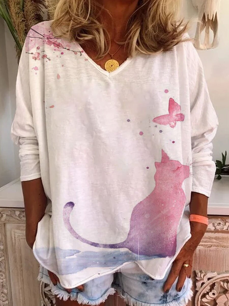 

V-Neck Cat Butterfly Print Long-Sleeved Casual Womens T-Shirt, White, Long sleeve tops