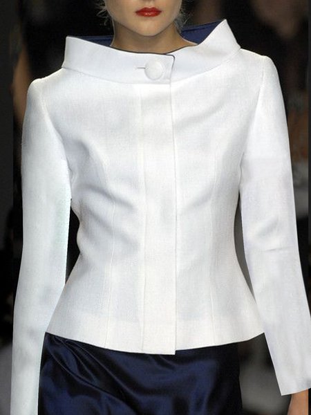 

Buttoned Stand Collar Long Sleeve Elegant Shirt Work Stand Collar Neck Long Sleeve Top, White, Blouses and Shirts