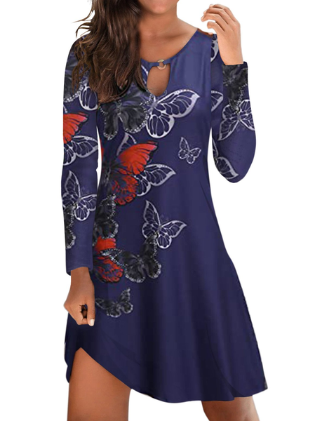 

Cotton-Blend Butterfly Long Sleeve V Neck Dresses, Blue, Mini Dresses