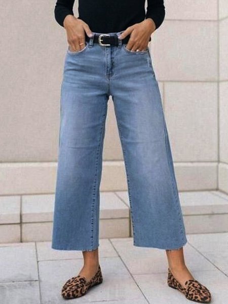 

Vintage Solid Pockets Plus Size Casual Denim Pants, Light blue, Jeans