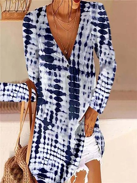 

Printing V-Neck Twisted Buckle Long-Sleeved Frock T-Shirt, Purplish blue, Long sleeve tops