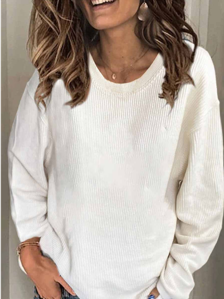 

Long Sleeve Cotton-Blend Plain Crew Neck Shirts & Tops, White, Long sleeve tops