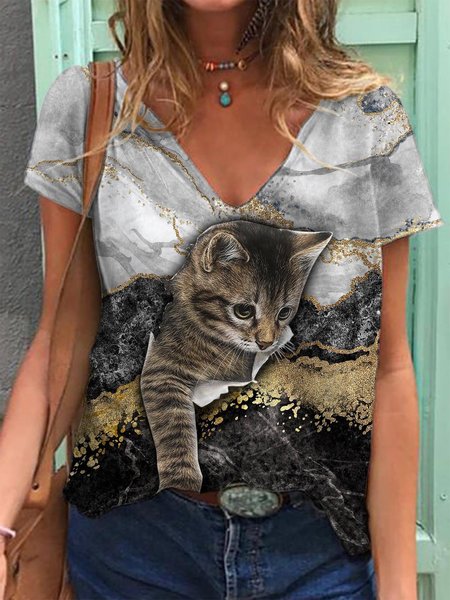 

3D Cat Graphic Short Sleeve Casual Tee, As picture, T-shirts