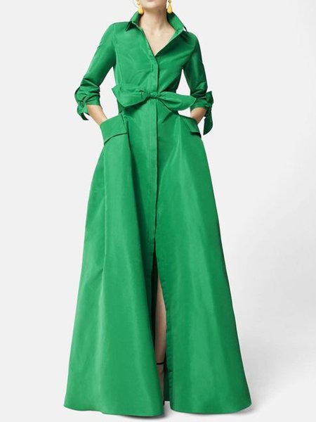 

Long Sleeve Shirt Collar Swing Maxi Dress, Green, Maxi Dresses
