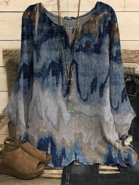 

Casual Long Sleeve Printed Crew Neck Shirts & Tops, Blue, Blouses & Shirts