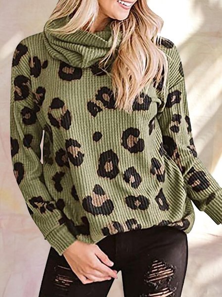 

Casual high-necked long-sleeved leopard print Shirts & Tops, Green, Long sleeve tops