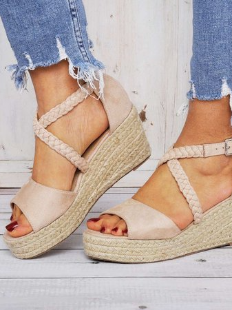 

Espadrilles Wedge Sandals Braided Strap Heel Sandals, Apricot, Auto-Clearance
