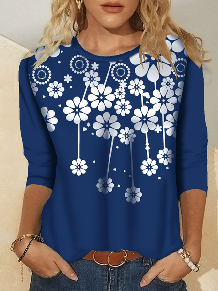 

Cotton-Blend Casual Shift Long Sleeve Shirts & Tops, Blue, Long sleeve tops