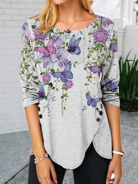 

Long Sleeve Butterfly Casual Shirts & Tops, Light gray, Long sleeve tops