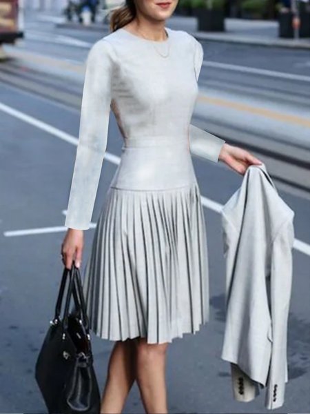 

Plain Work Long Sleeve Crew Neck Dress, Gray, Mini Dresses