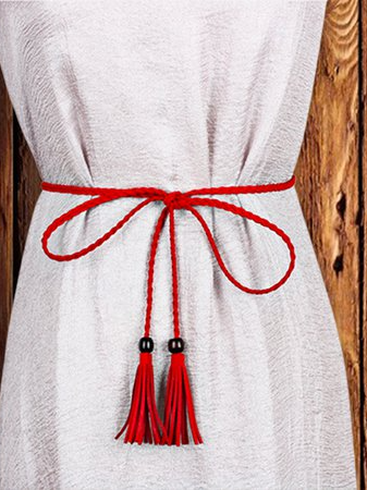 

Bohemian Resort Beach Casual Braided Tassel Plain Belt, Red, Others