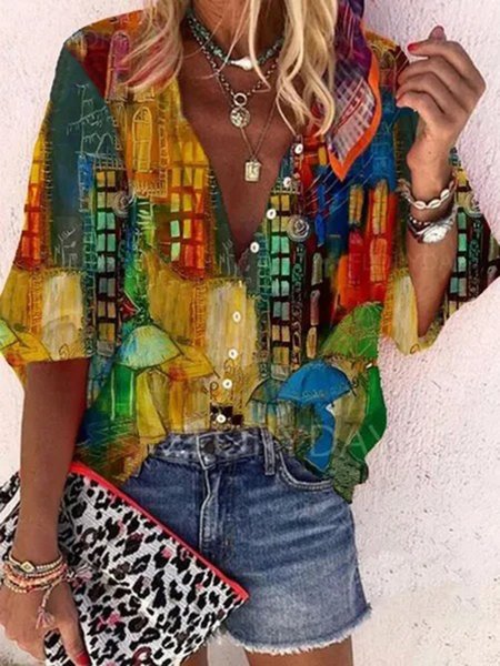 

Multicolore Stampato Scollo a V Dritto 3/4 Manica Camicie & Top, Blouses & Shirts