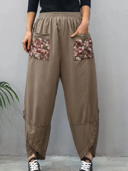 

Casual and simple printed washed cotton retro style elastic waistline loose Harlan pants, Khaki, Pants