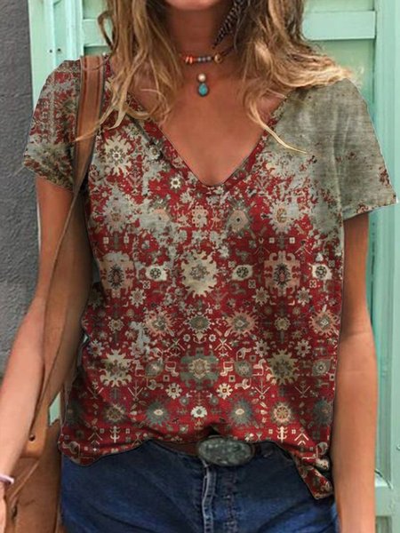 

Vintage Women Casual Short Sleeve Shirt Summer Top, Red, T-shirts
