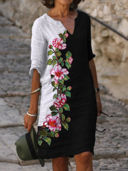 

Casuale Floreale Scollo a V 3/4 Manica Abito, Nero, Dresses