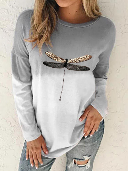 

Stampato Maniche Lunghe Casuale Girocollo Top, Grigio, T-Shirts