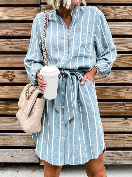 

Fashion Stripe Print Button-up Belted Midi Dress Women, Blue, Midi Dresses