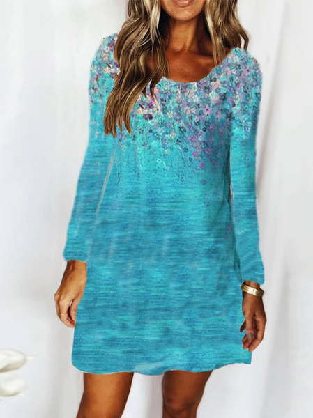 

Crew Neck Casual Cotton-Blend Floral Dresses, Blue, Tie dye dress