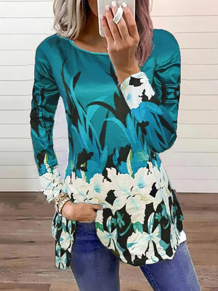 

Floral Crew Neck Long Sleeve Casual Shirts & Tops, Lightblue, Tees & T-shirts