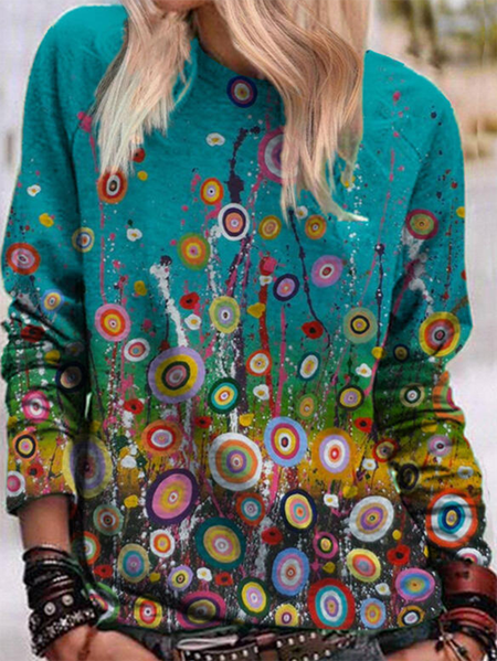 

Maniche Lunghe Casuale Stampato Girocollo Top, Blu, T-Shirts