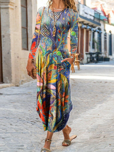 

A-Line Crew Neck Holiday Cotton Dresses, Blue, Dresses