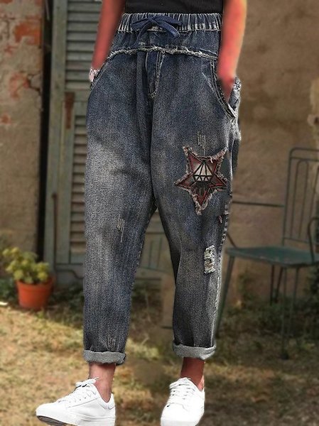 

Casual and Vintage embroidered denim pants, Star, Pants