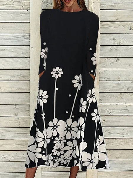 

Stampato Floreale Girocollo Maniche Lunghe Gonna Casuale, Nero, Midi Dresses