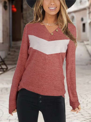 

Contrasting color casual V-neck ladies Shirts & Tops, Red, Tees & T-shirts