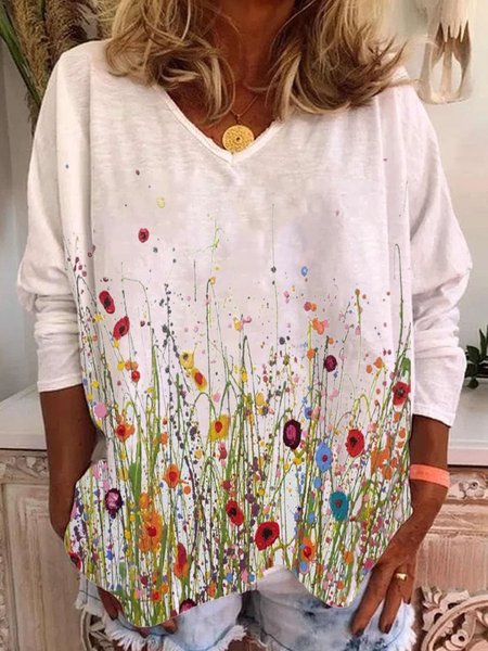 

Bianco Arte Stampata Floreale Scollo a V Casuale Maniche Lunghe Dritto Camicie & Top, Blouses & Shirts