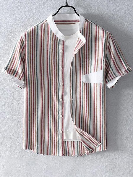 

Men's Stripe Splicing Short Sleeve Cotton Breathable Casual Loose Shirt, Red, Men's Floral shirt