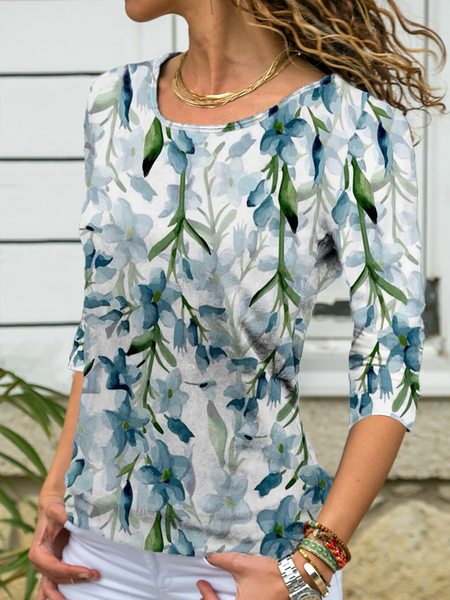 

Casuale Stampata Floreale Top, Blu, T-Shirts