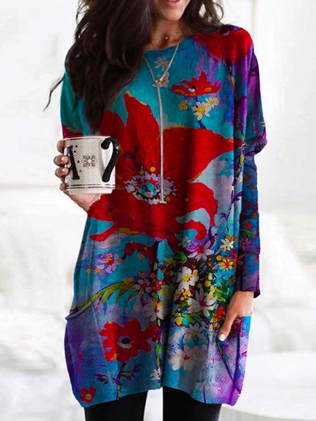 

Maniche Lunghe Floreale Camicie & Top Misto Cotone, Rosso, Blouses & Shirts