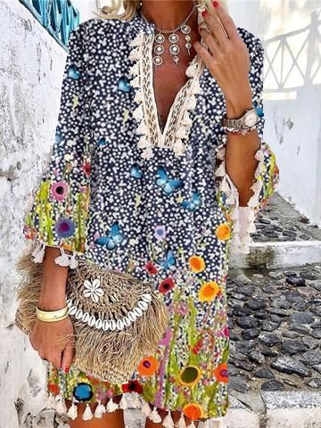 

Floreale nappa Abito con tre quarti Manica, Blu, Midi Dresses